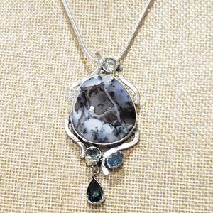 Opal necklace, 925 silver dendritic opal swiss blue topaz pendant necklace